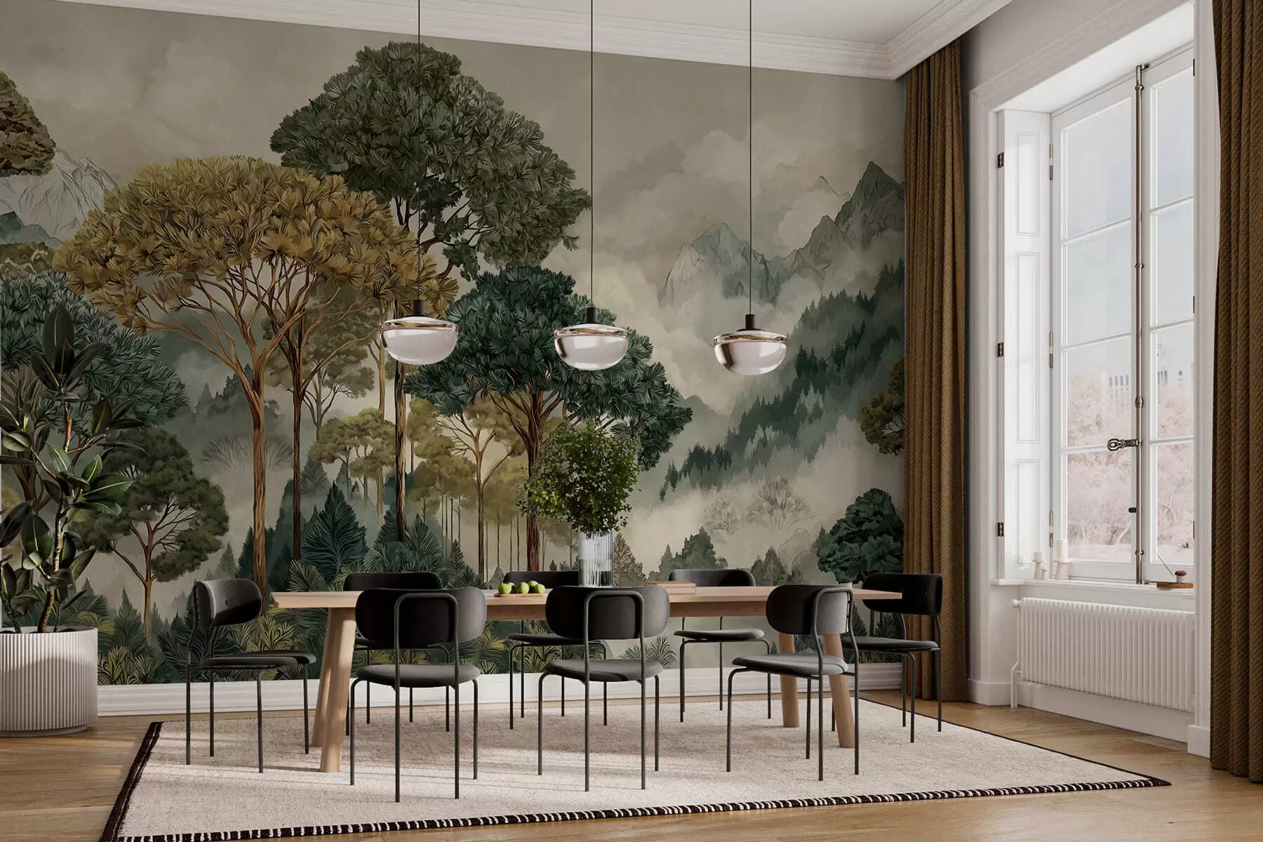 wall murals Шума са високим дрвећем у магловитим планинама w05410