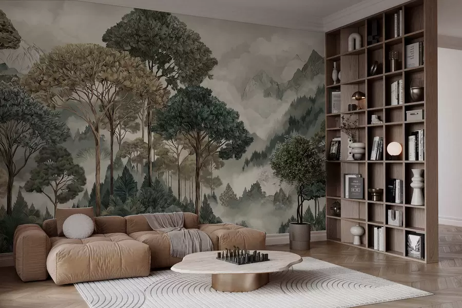 wall murals Планински пејзаж са шумом у меким тоновима w05410v1