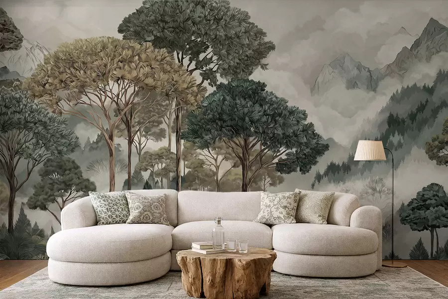 wall murals Планински пејзаж са шумом у меким тоновима w05410v1