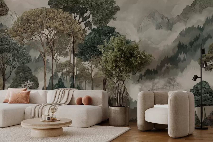 wall murals Планински пејзаж са шумом у меким тоновима w05410v1