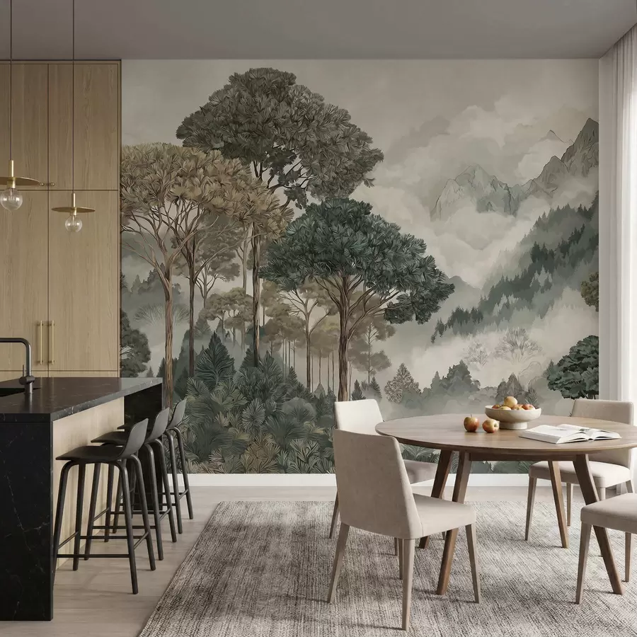 wall murals Планински пејзаж са шумом у меким тоновима w05410v1