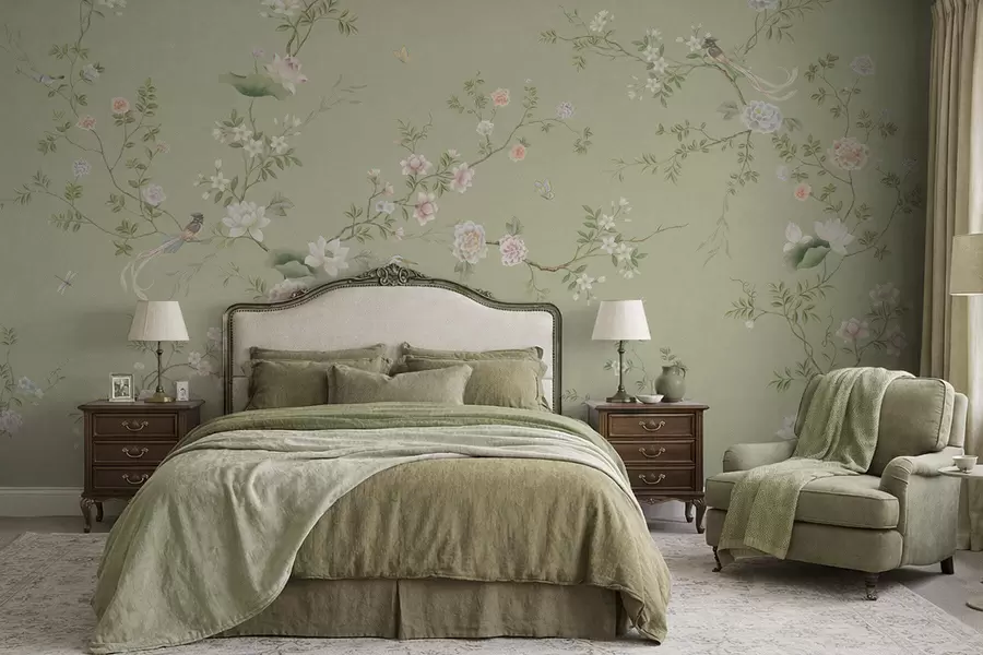 wall murals Цветне гране са птицама на светло зеленој боји w05416