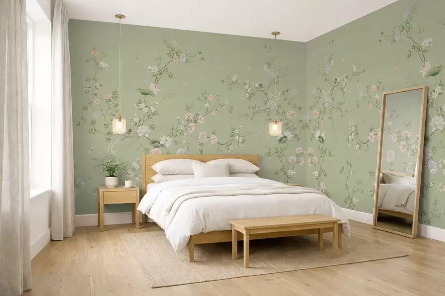wall murals Цветне гране са птицама на светло зеленој боји w05416