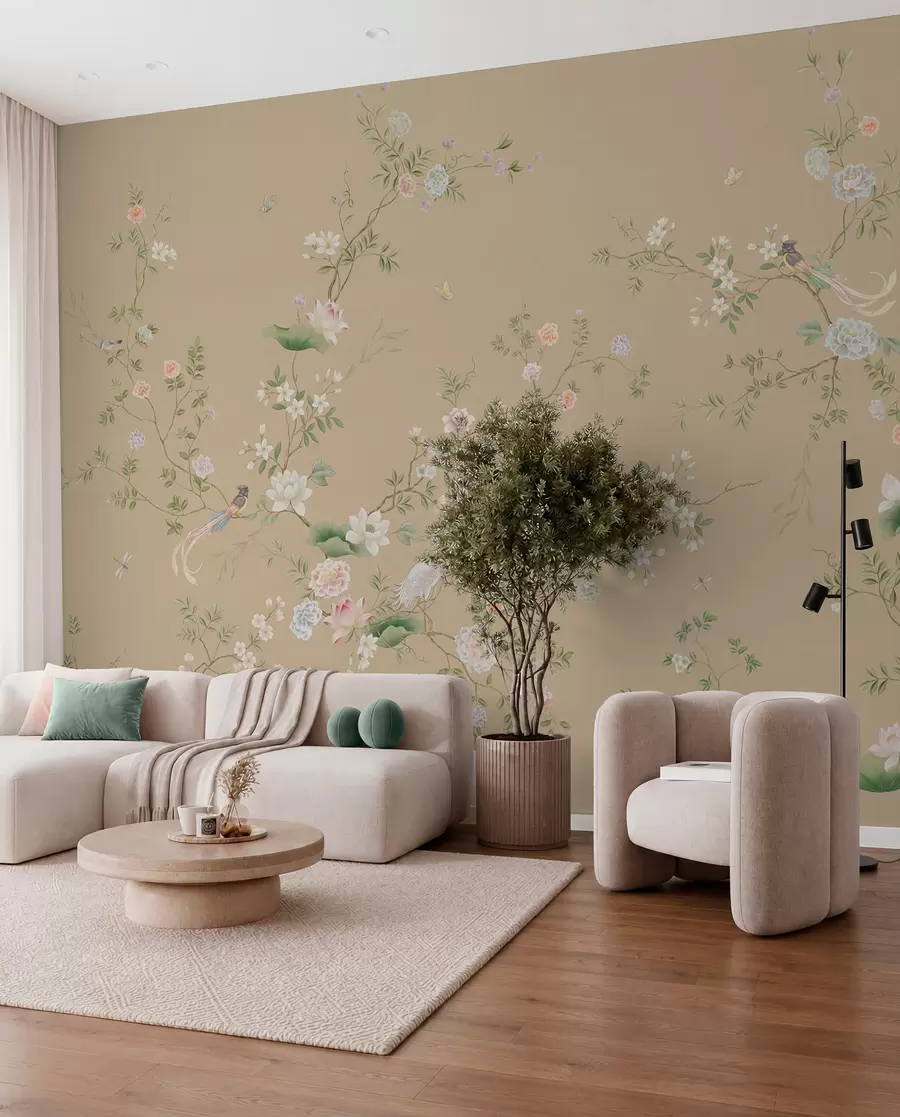 wall murals Цветне гране са птицама на топлој беж боји w05416v2
