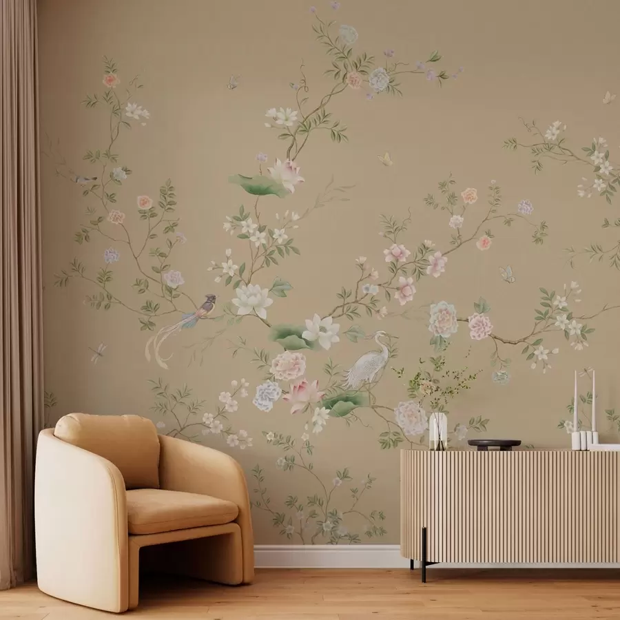 wall murals Цветне гране са птицама на топлој беж боји w05416v2
