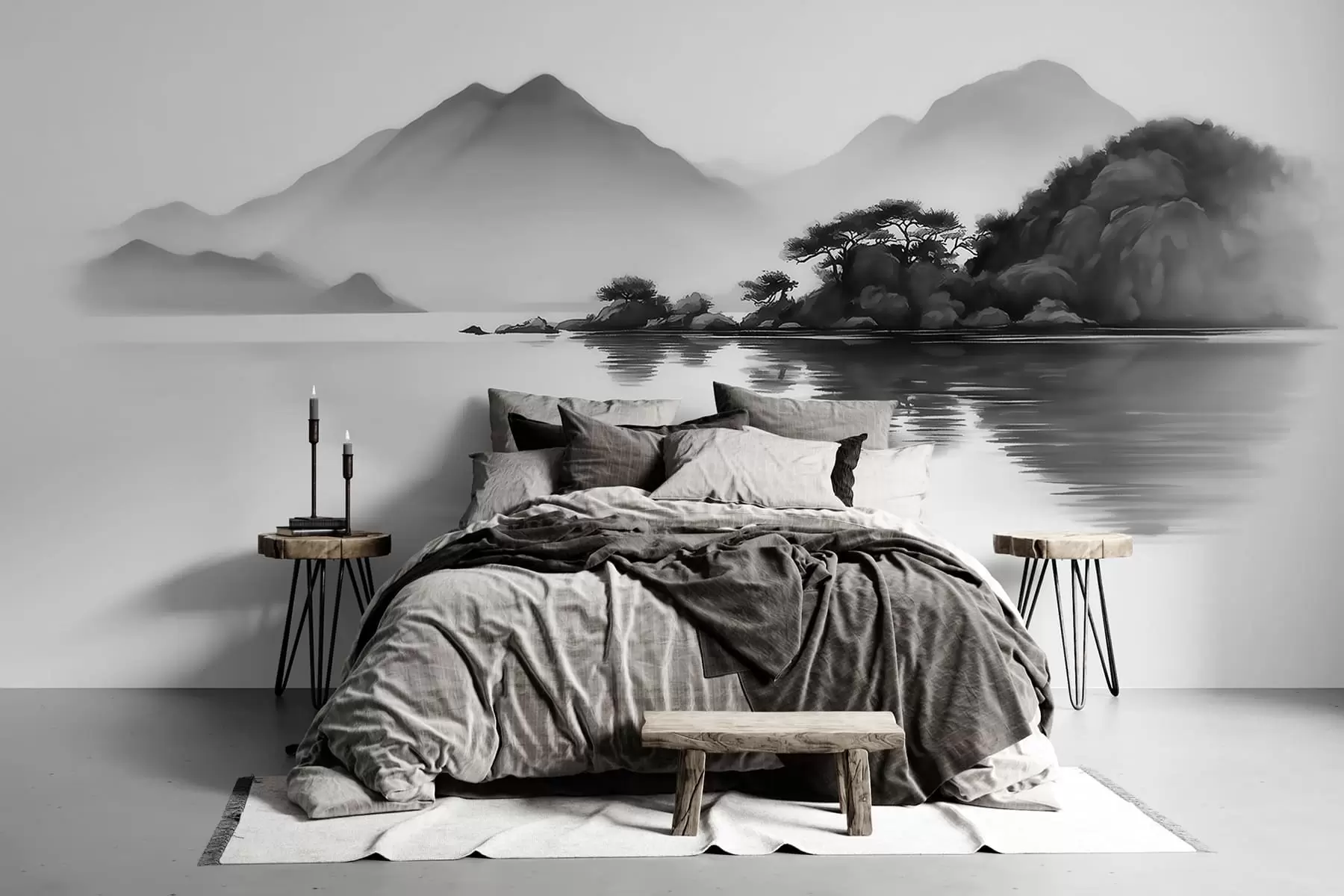wall murals Црно-бели пејзаж са планинама и језером у мекој магли w09803