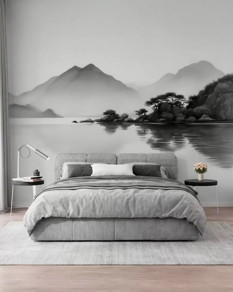 wall murals Црно-бели пејзаж са планинама и језером у мекој магли w09803