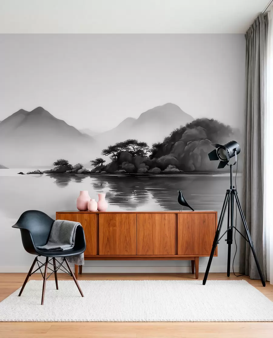 wall murals Црно-бели пејзаж са планинама и језером у мекој магли w09803