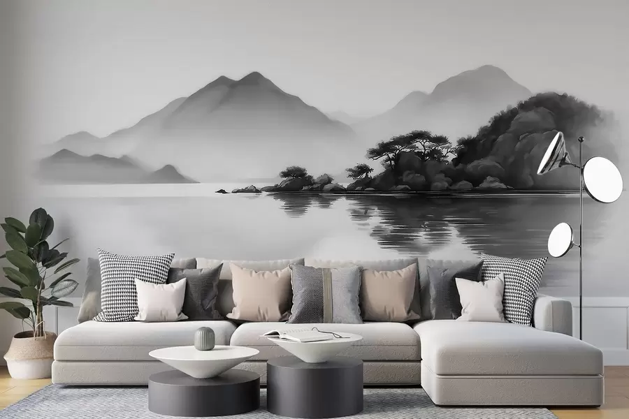 wall murals Црно-бели пејзаж са планинама и језером у мекој магли w09803