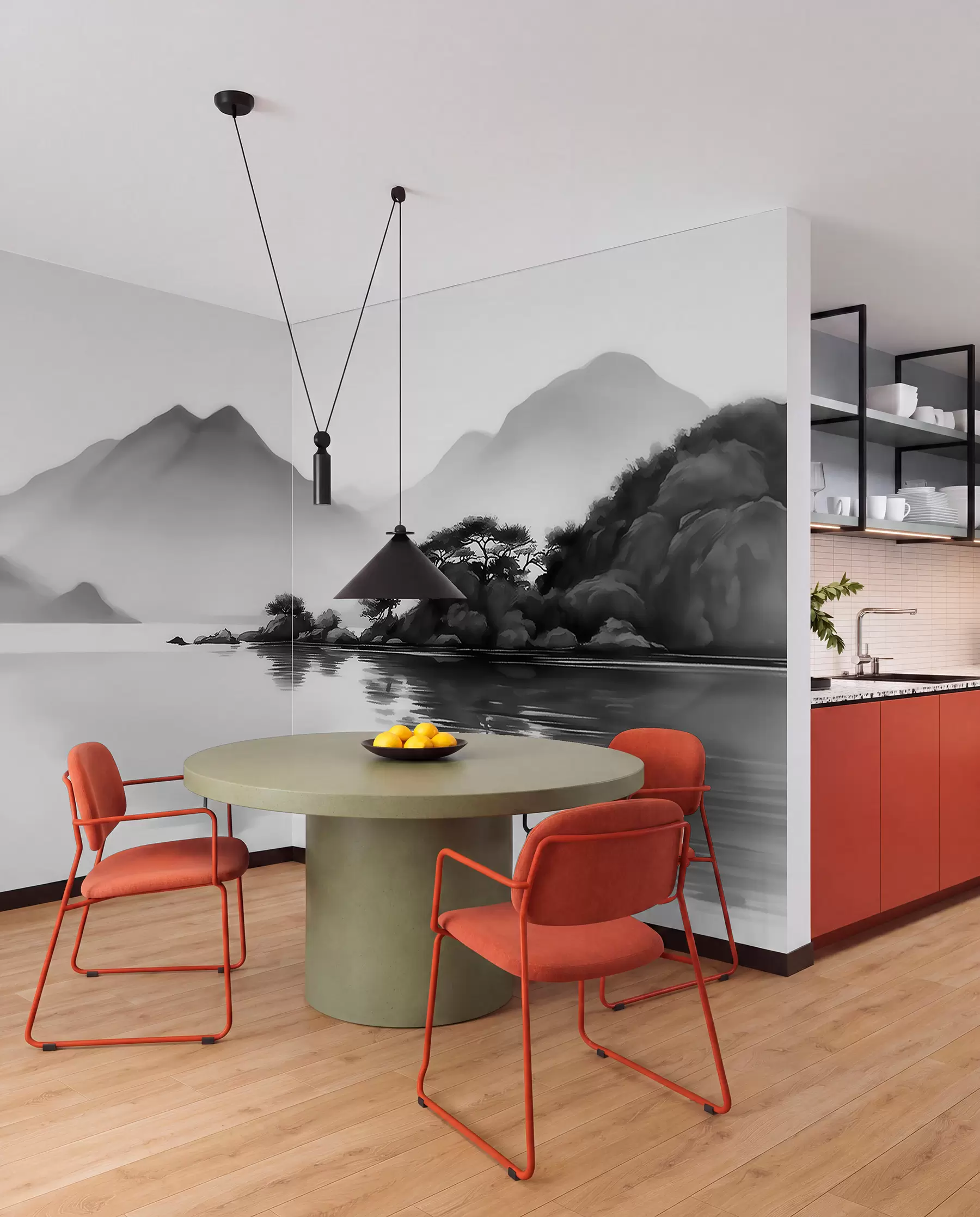 wall murals Црно-бели пејзаж са планинама и језером у мекој магли w09803