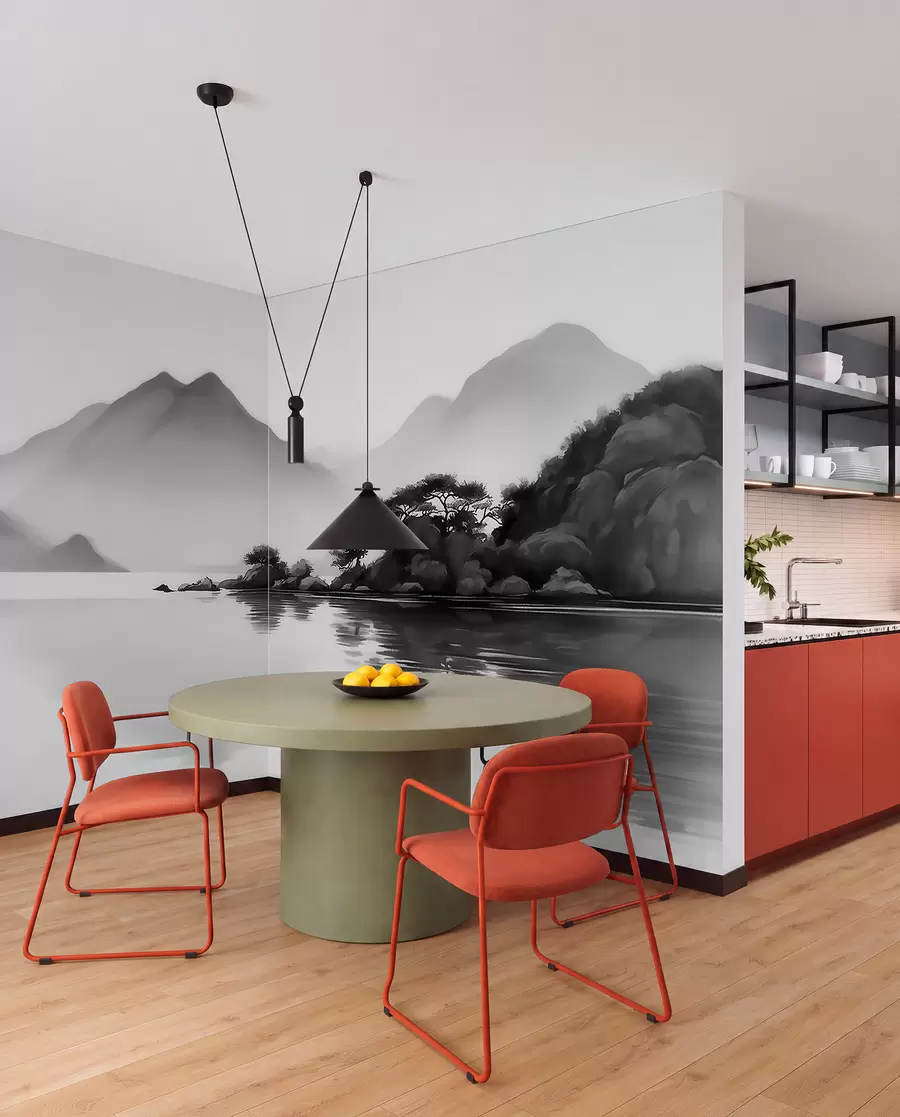 wall murals Црно-бели пејзаж са планинама и језером у мекој магли w09803