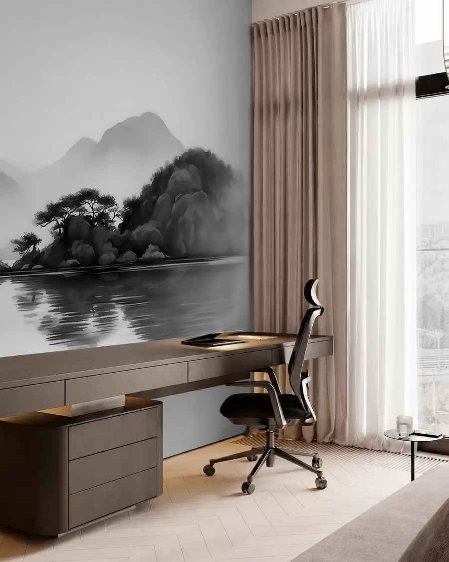 wall murals Црно-бели пејзаж са планинама и језером у мекој магли w09803
