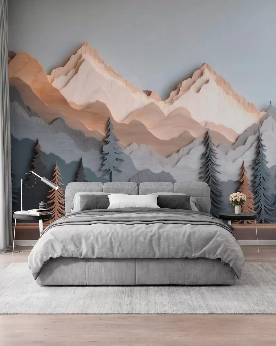 wall murals Природни пејзаж са боровима и планинама у стилу резбареног дрвета w09793