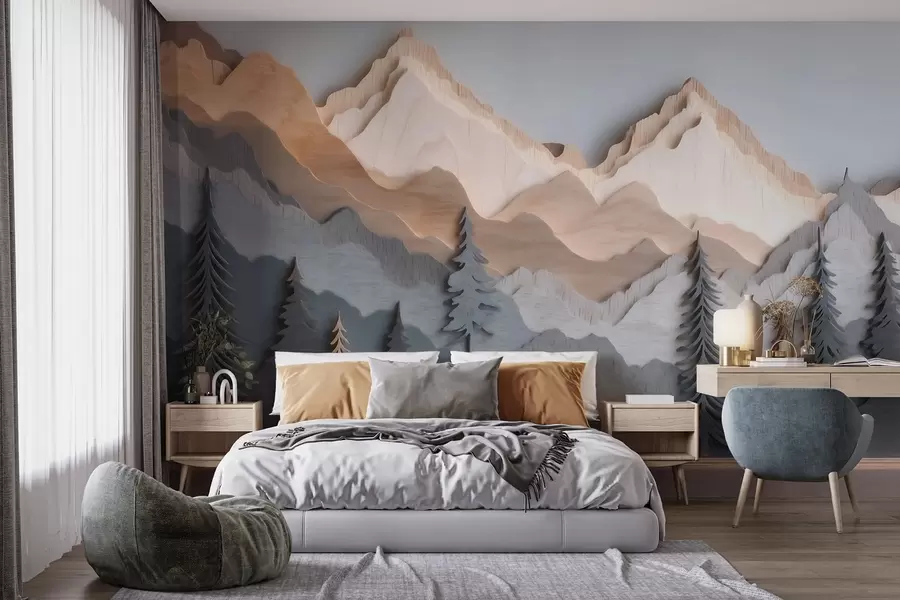 wall murals Природни пејзаж са боровима и планинама у стилу резбареног дрвета w09793