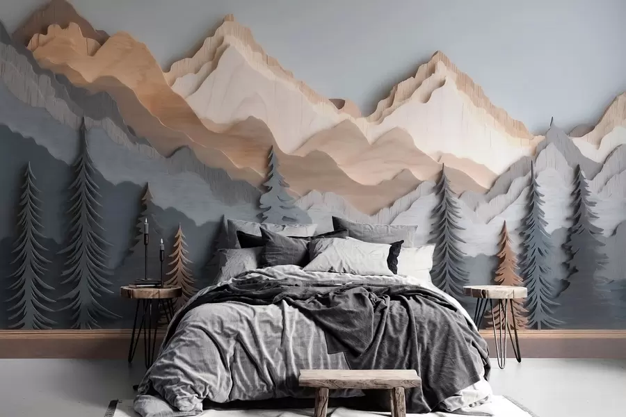 wall murals Природни пејзаж са боровима и планинама у стилу резбареног дрвета w09793
