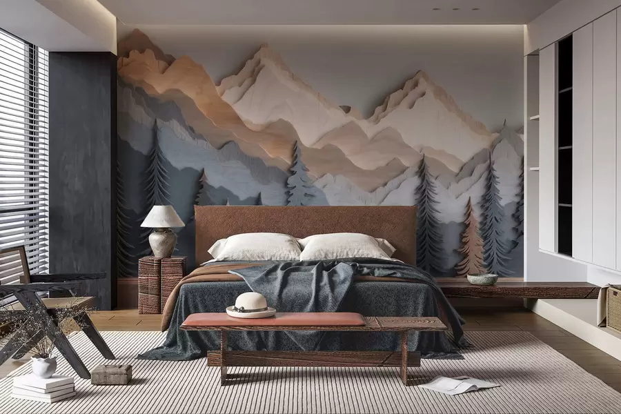 wall murals Природни пејзаж са боровима и планинама у стилу резбареног дрвета w09793