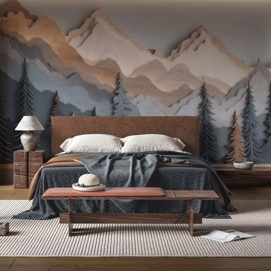 wall murals Природни пејзаж са боровима и планинама у стилу резбареног дрвета w09793