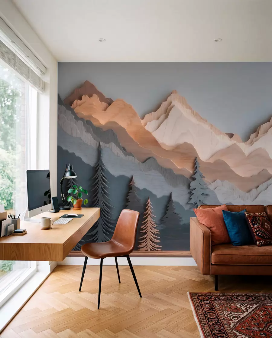 wall murals Природни пејзаж са боровима и планинама у стилу резбареног дрвета w09793