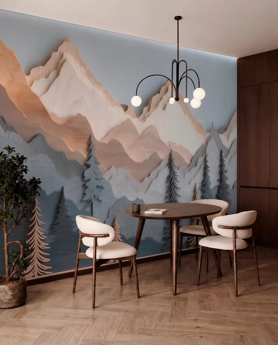 wall murals Природни пејзаж са боровима и планинама у стилу резбареног дрвета w09793