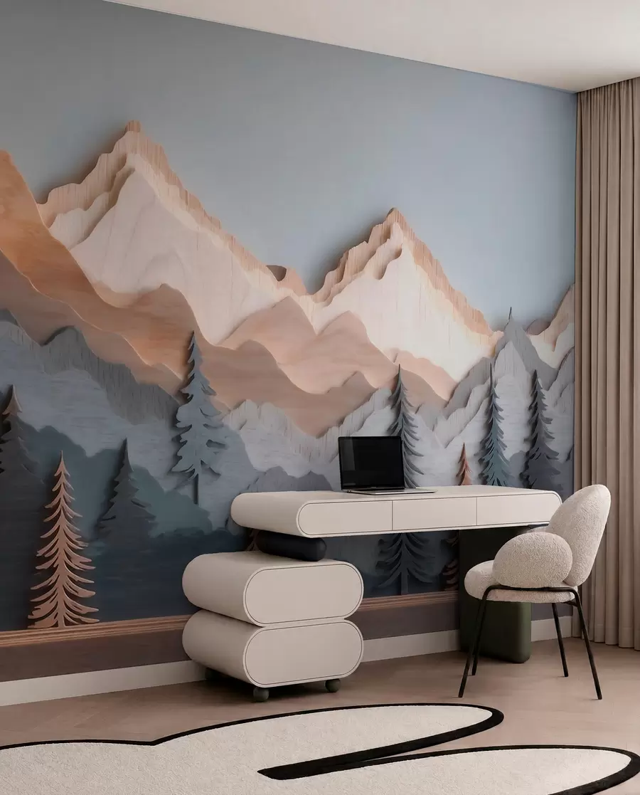 wall murals Природни пејзаж са боровима и планинама у стилу резбареног дрвета w09793