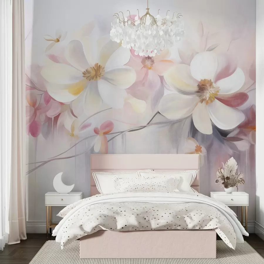 wall murals Бело и ружичасто цвеће са нежним латицама текстурираном уметношћу, апстрактна, мека позадина w09811
