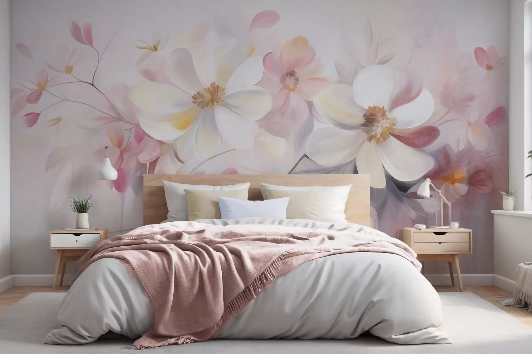 wall murals Бело и ружичасто цвеће са нежним латицама текстурираном уметношћу, апстрактна, мека позадина w09811
