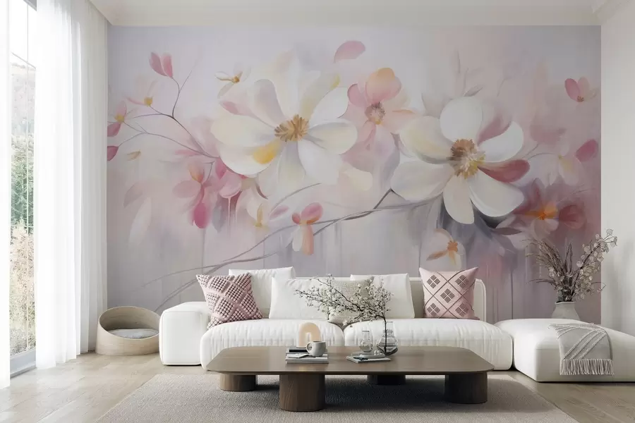 wall murals Бело и ружичасто цвеће са нежним латицама текстурираном уметношћу, апстрактна, мека позадина w09811
