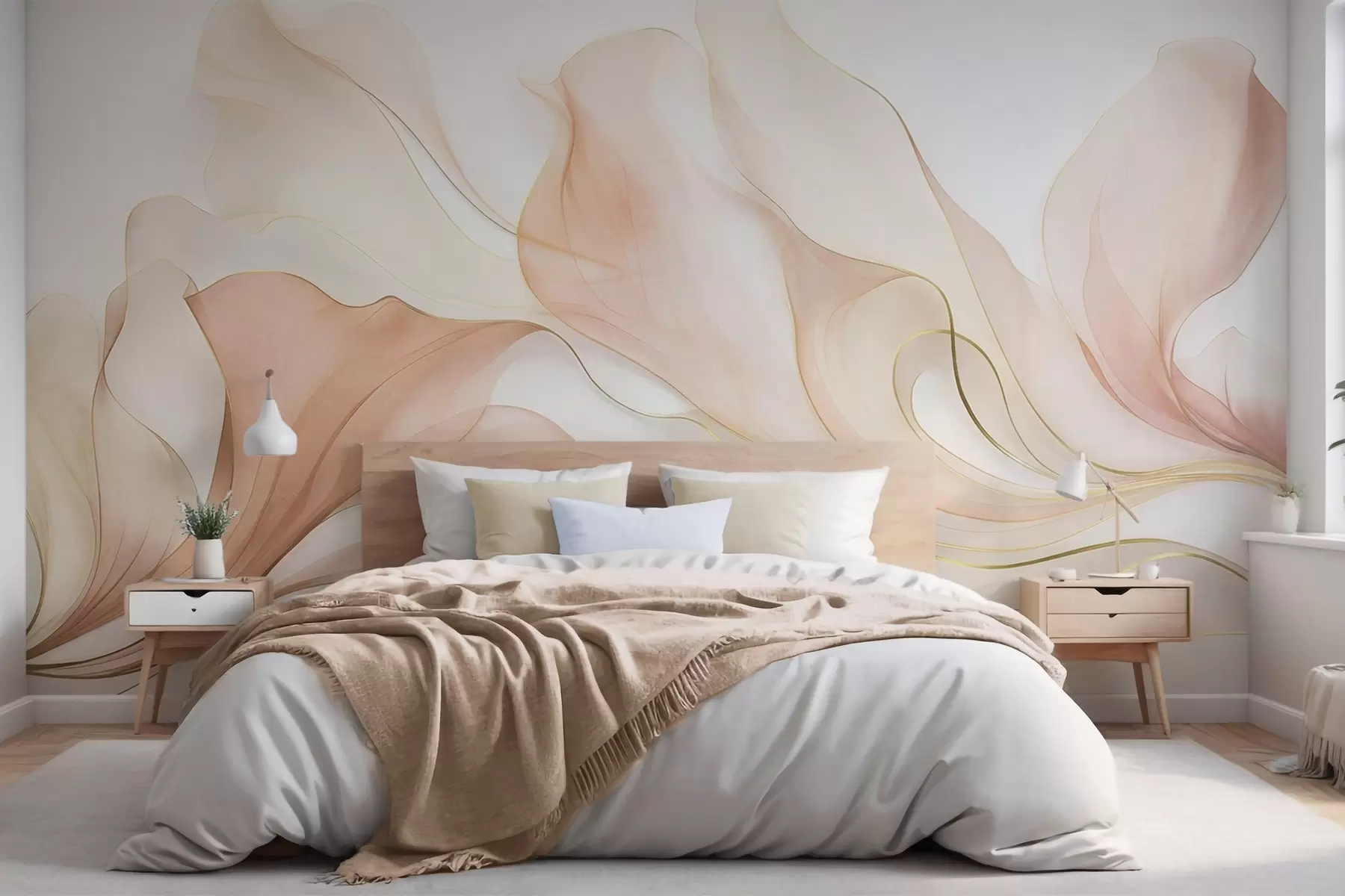 wall murals Апстрактна текућа текстура у нијансама брескве и крема са нежним линијама w09815