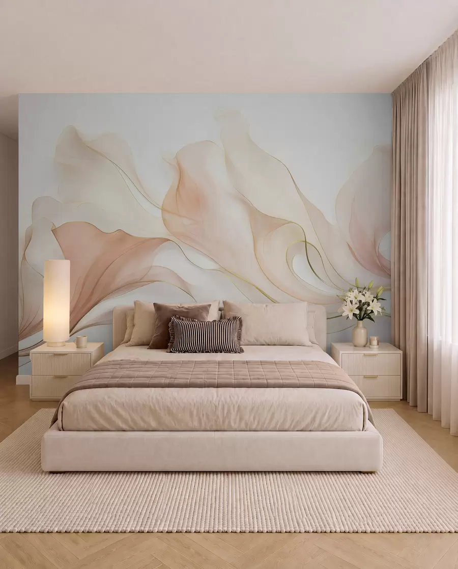 wall murals Апстрактна текућа текстура у нијансама брескве и крема са нежним линијама w09815