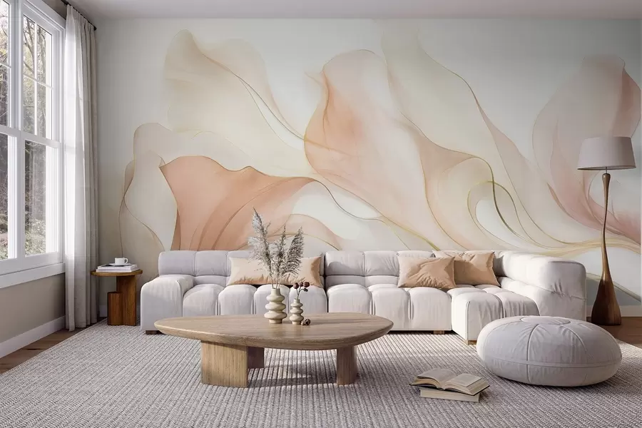 wall murals Апстрактна текућа текстура у нијансама брескве и крема са нежним линијама w09815