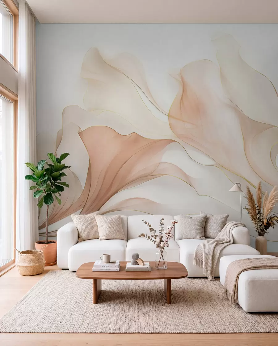 wall murals Апстрактна текућа текстура у нијансама брескве и крема са нежним линијама w09815
