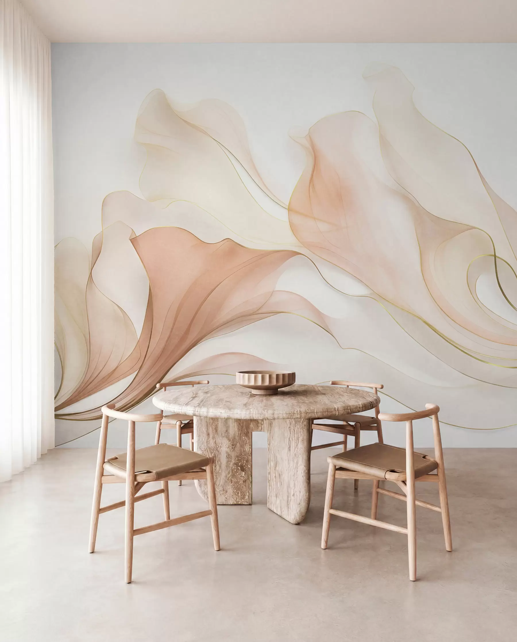 wall murals Апстрактна текућа текстура у нијансама брескве и крема са нежним линијама w09815