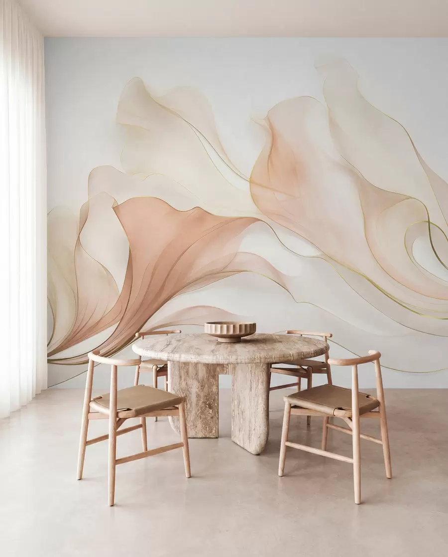 wall murals Апстрактна текућа текстура у нијансама брескве и крема са нежним линијама w09815