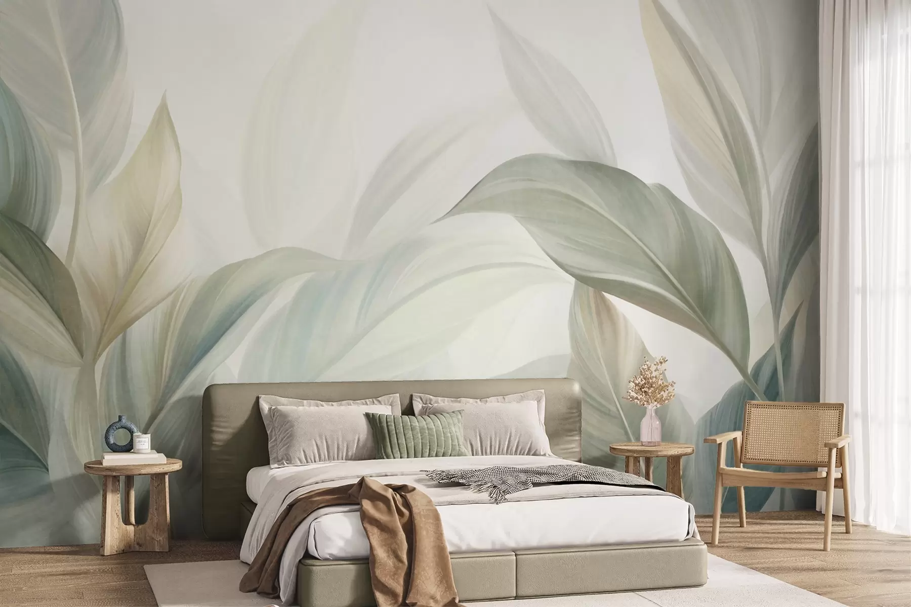 wall murals Велики, бледозелени тропски листови са меким, пастелним бојама, текстурирана уметност w09816
