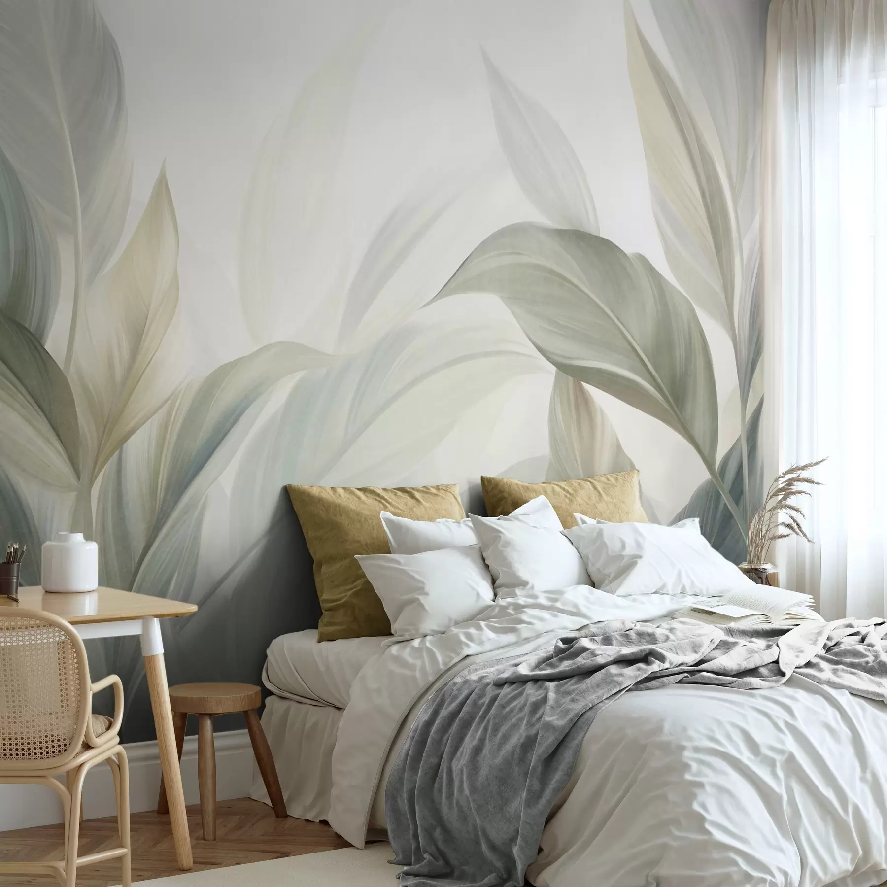 wall murals Велики, бледозелени тропски листови са меким, пастелним бојама, текстурирана уметност w09816