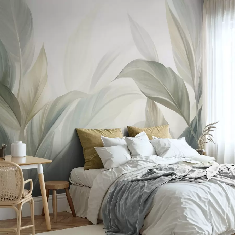wall murals Велики, бледозелени тропски листови са меким, пастелним бојама, текстурирана уметност w09816