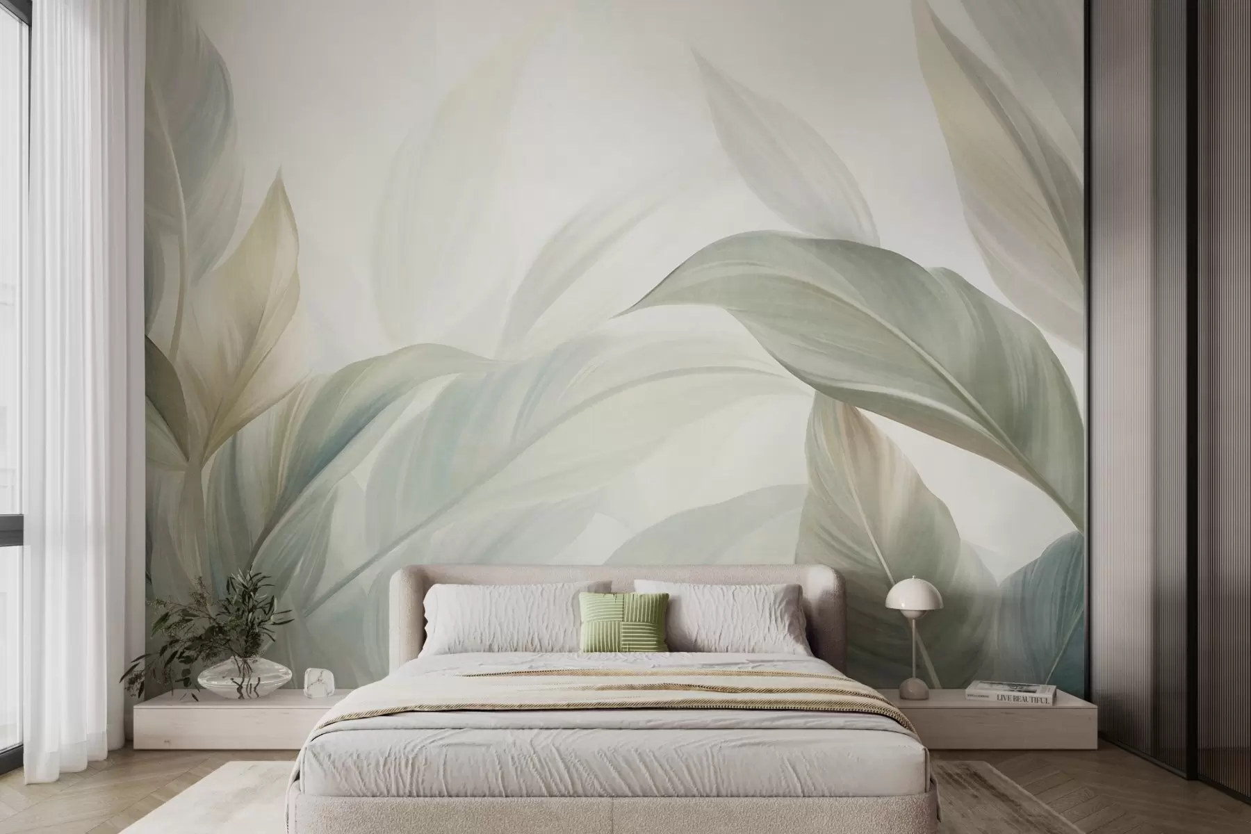 wall murals Велики, бледозелени тропски листови са меким, пастелним бојама, текстурирана уметност w09816