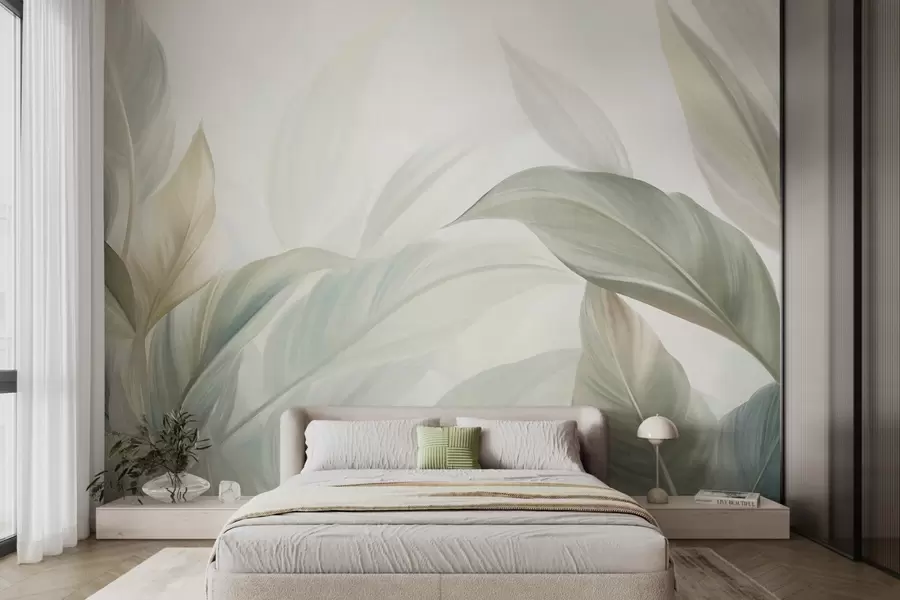 wall murals Велики, бледозелени тропски листови са меким, пастелним бојама, текстурирана уметност w09816