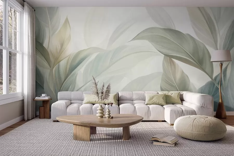 wall murals Велики, бледозелени тропски листови са меким, пастелним бојама, текстурирана уметност w09816