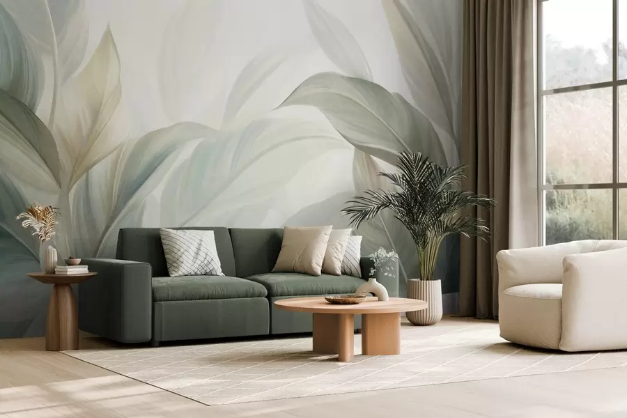 wall murals Велики, бледозелени тропски листови са меким, пастелним бојама, текстурирана уметност w09816