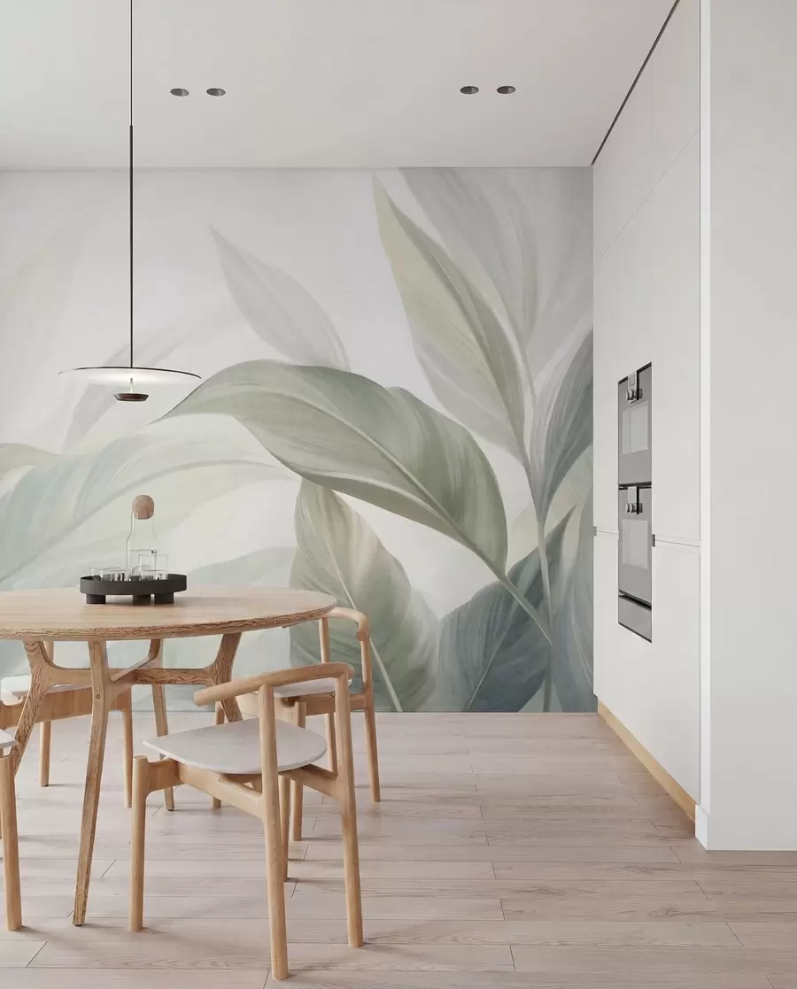 wall murals Велики, бледозелени тропски листови са меким, пастелним бојама, текстурирана уметност w09816