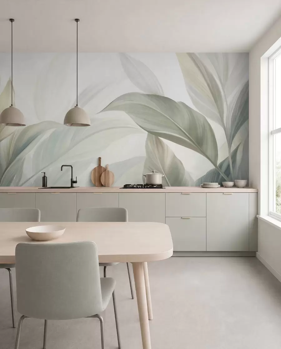 wall murals Велики, бледозелени тропски листови са меким, пастелним бојама, текстурирана уметност w09816