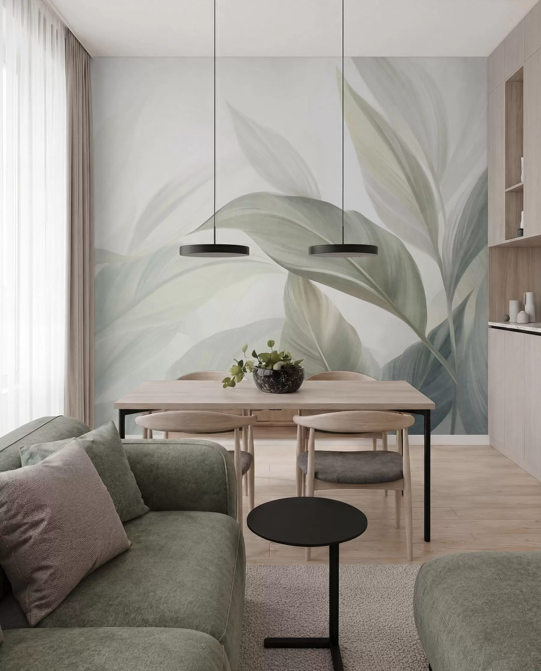 wall murals Велики, бледозелени тропски листови са меким, пастелним бојама, текстурирана уметност w09816