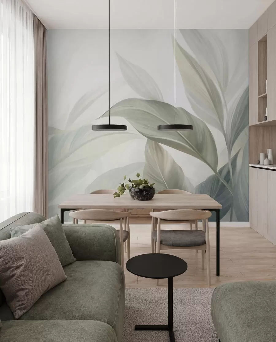 wall murals Велики, бледозелени тропски листови са меким, пастелним бојама, текстурирана уметност w09816