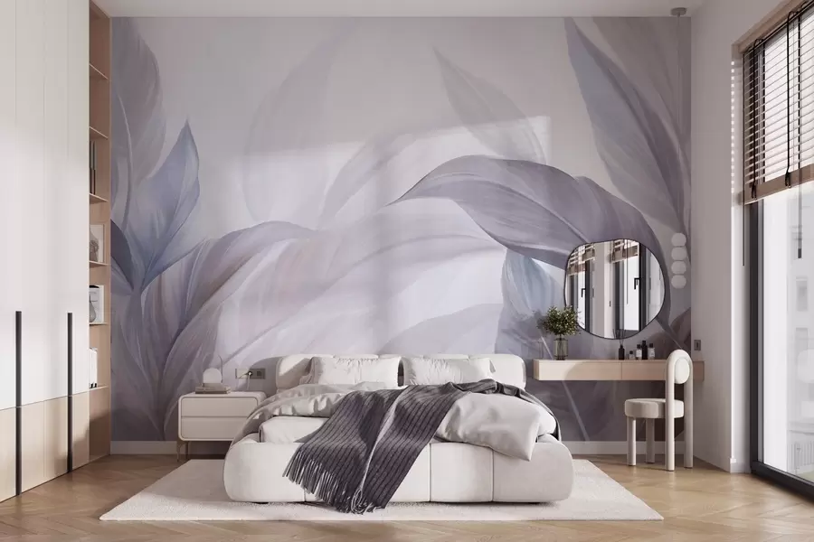 wall murals Велики, бледоплави и љубичасти тропски листови са меким, пастелним бојама, текстурирана уметност w09816v1
