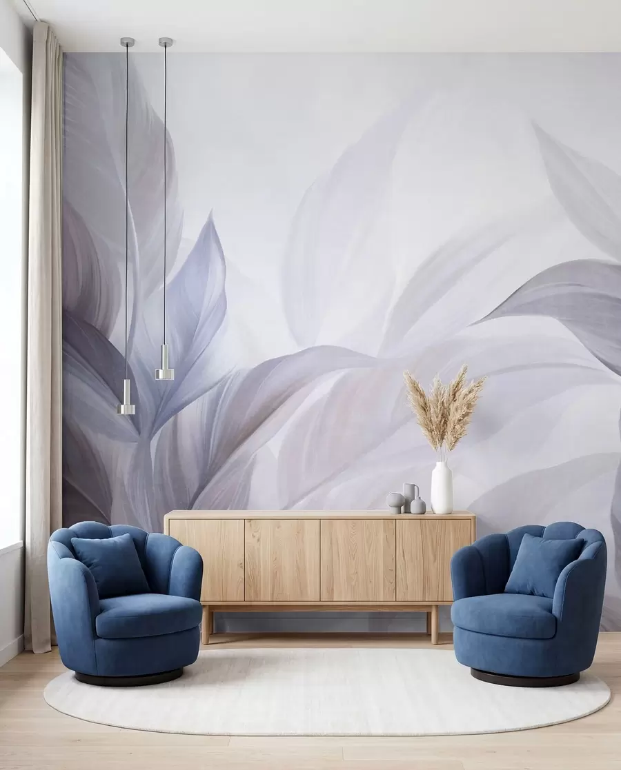 wall murals Велики, бледоплави и љубичасти тропски листови са меким, пастелним бојама, текстурирана уметност w09816v1