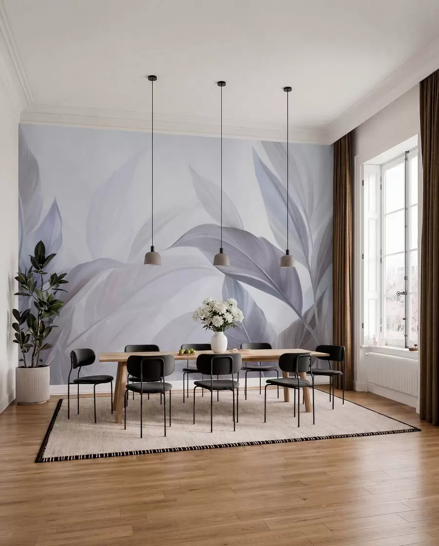 wall murals Велики, бледоплави и љубичасти тропски листови са меким, пастелним бојама, текстурирана уметност w09816v1