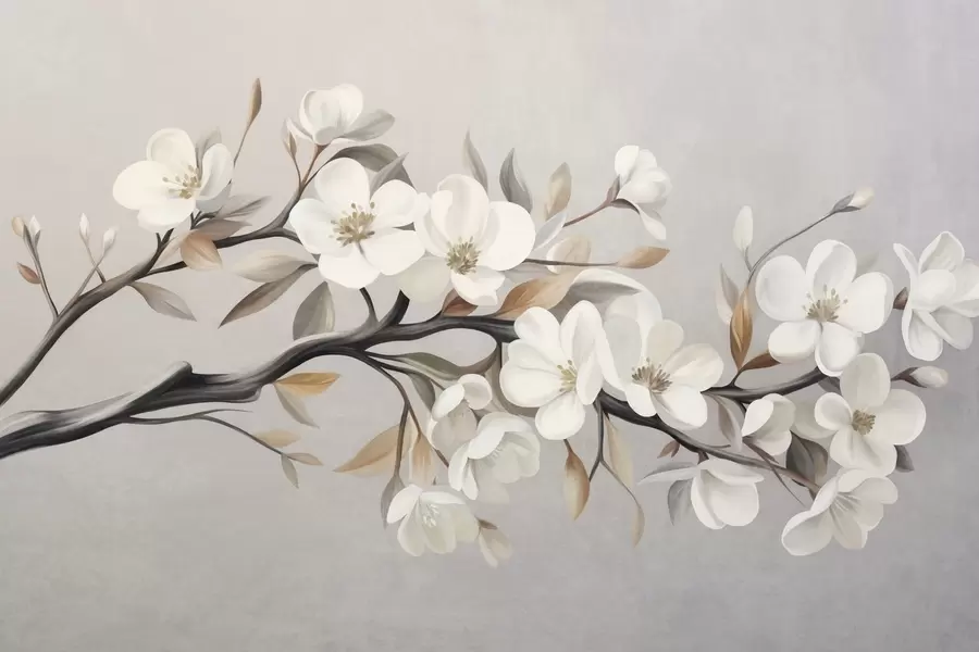 wall murals Текстурирана грана са белим цветовима и смеђим листовима на светло сивој позадини w09817