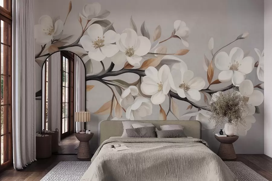wall murals Текстурирана грана са белим цветовима и смеђим листовима на светло сивој позадини w09817