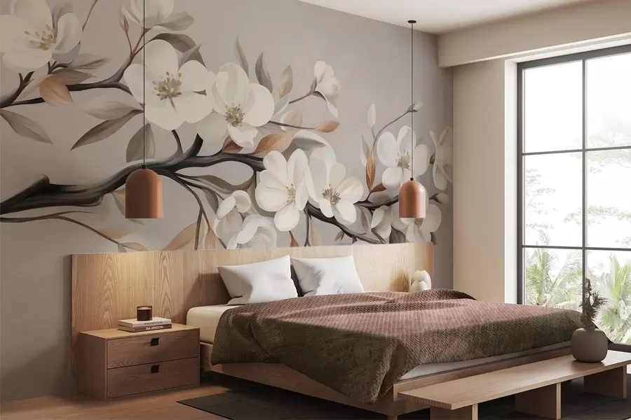 wall murals Текстурирана грана са белим цветовима и смеђим листовима на светло сивој позадини w09817